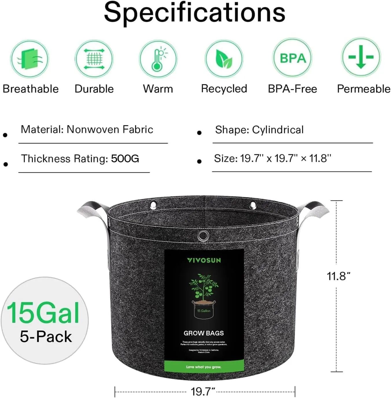 VIVOSUN 5-Pack 15 Gallon Grow Bags, 500G Thick Nonwoven Fabric Pots with Strap Handles, Multi-Purpose Rings, for Low Stress Plant Training Fruits, Vegetables, and Flowers
