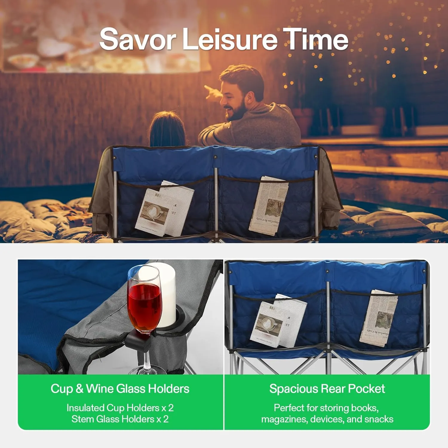 VIVOSUN Double Camping Chair, Fully Padded Folding Loveseat, Oversized Duo Chair with Cup & Wine Glass Holders, Pocket, Armrests & Carry Bag
