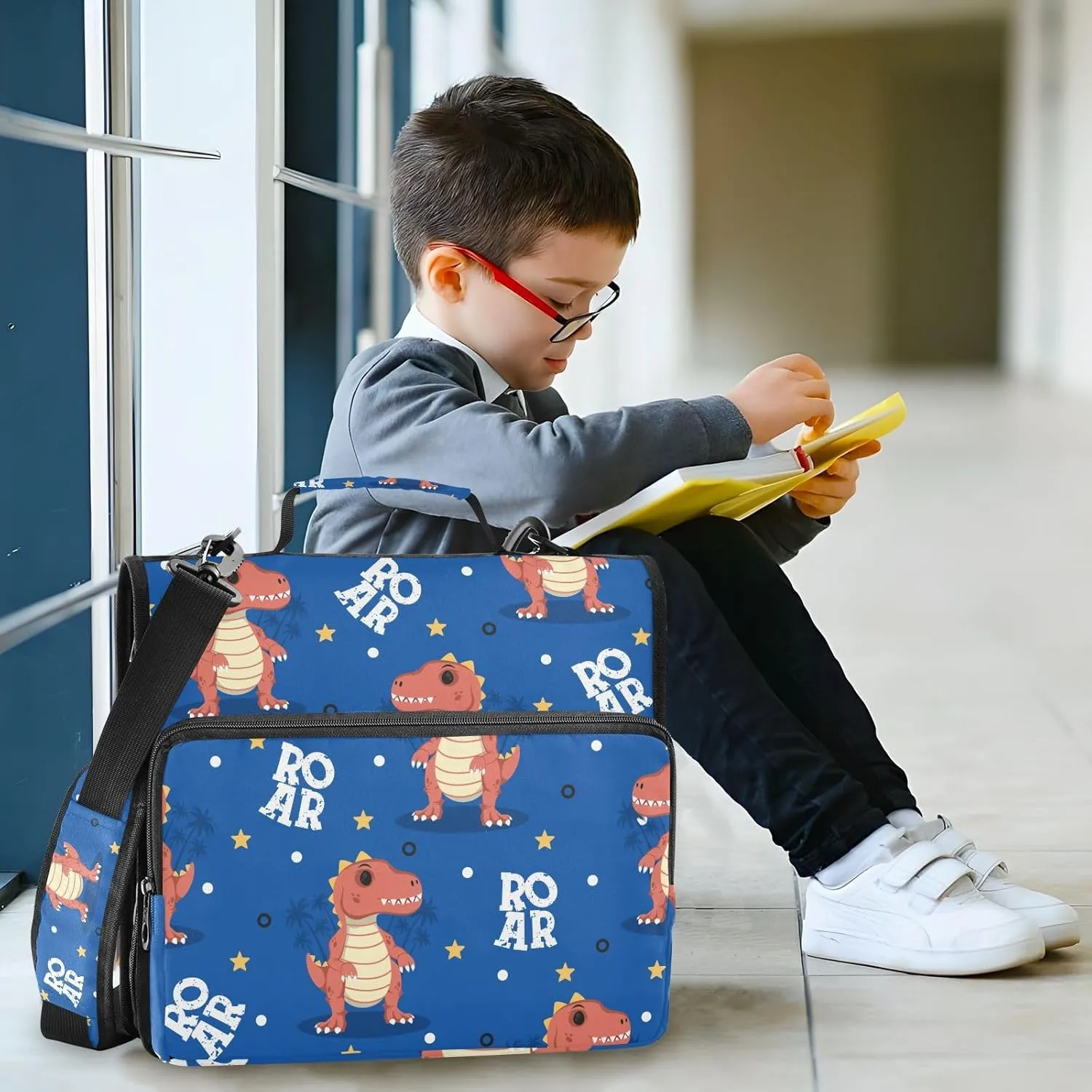 VKPSCHJ Zippered Binder Bag with Multi-Pocket,Waterproof 1.5 Inch 3 Ring Binder,Cute Dinosaur Cartoon Roar Expanding File Folder with Shoulder Strap and Handle File Organizer for Office Travel
