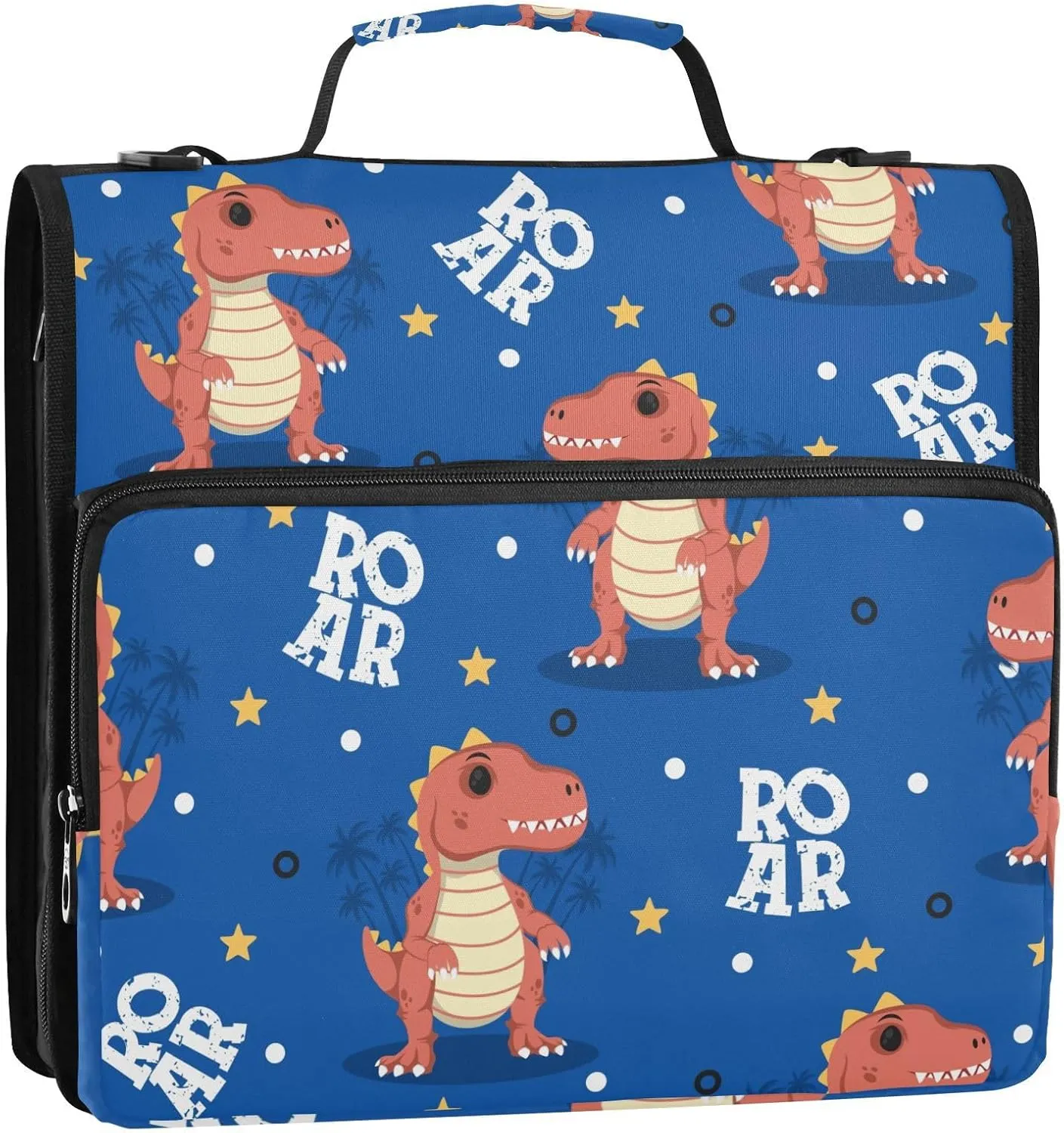 VKPSCHJ Zippered Binder Bag with Multi-Pocket,Waterproof 1.5 Inch 3 Ring Binder,Cute Dinosaur Cartoon Roar Expanding File Folder with Shoulder Strap and Handle File Organizer for Office Travel