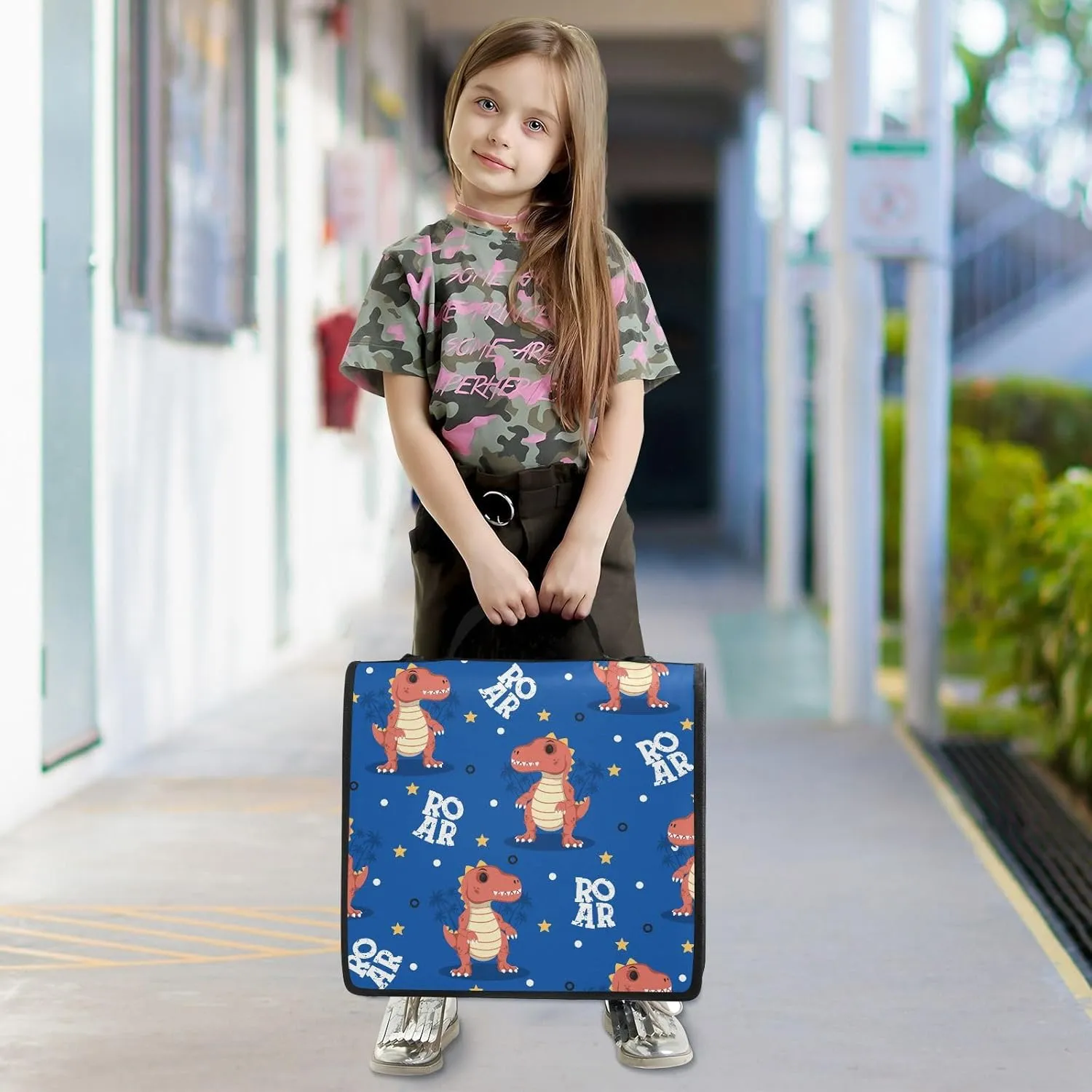 VKPSCHJ Zippered Binder Bag with Multi-Pocket,Waterproof 1.5 Inch 3 Ring Binder,Cute Dinosaur Cartoon Roar Expanding File Folder with Shoulder Strap and Handle File Organizer for Office Travel