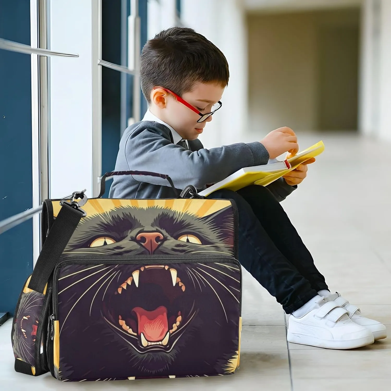 VKPSCHJ Zippered Binder Bag with Multi-Pocket,Waterproof 1.5 Inch 3 Ring Binder,Pop Art Artistic Angry Black Cat Expanding File Folder with Shoulder Strap and Handle File Organizer for Office Travel