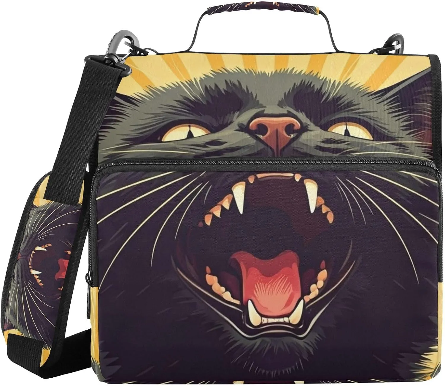 VKPSCHJ Zippered Binder Bag with Multi-Pocket,Waterproof 1.5 Inch 3 Ring Binder,Pop Art Artistic Angry Black Cat Expanding File Folder with Shoulder Strap and Handle File Organizer for Office Travel