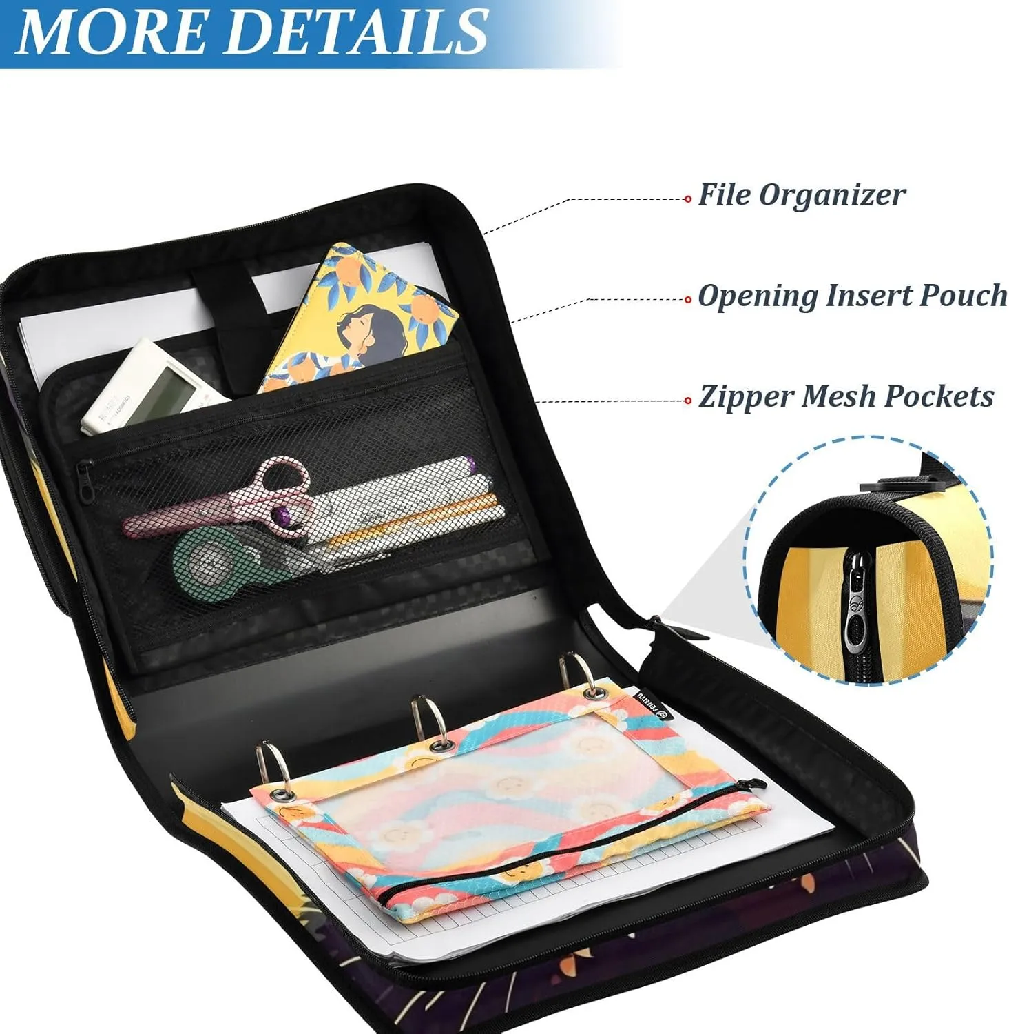 VKPSCHJ Zippered Binder Bag with Multi-Pocket,Waterproof 1.5 Inch 3 Ring Binder,Pop Art Artistic Angry Black Cat Expanding File Folder with Shoulder Strap and Handle File Organizer for Office Travel