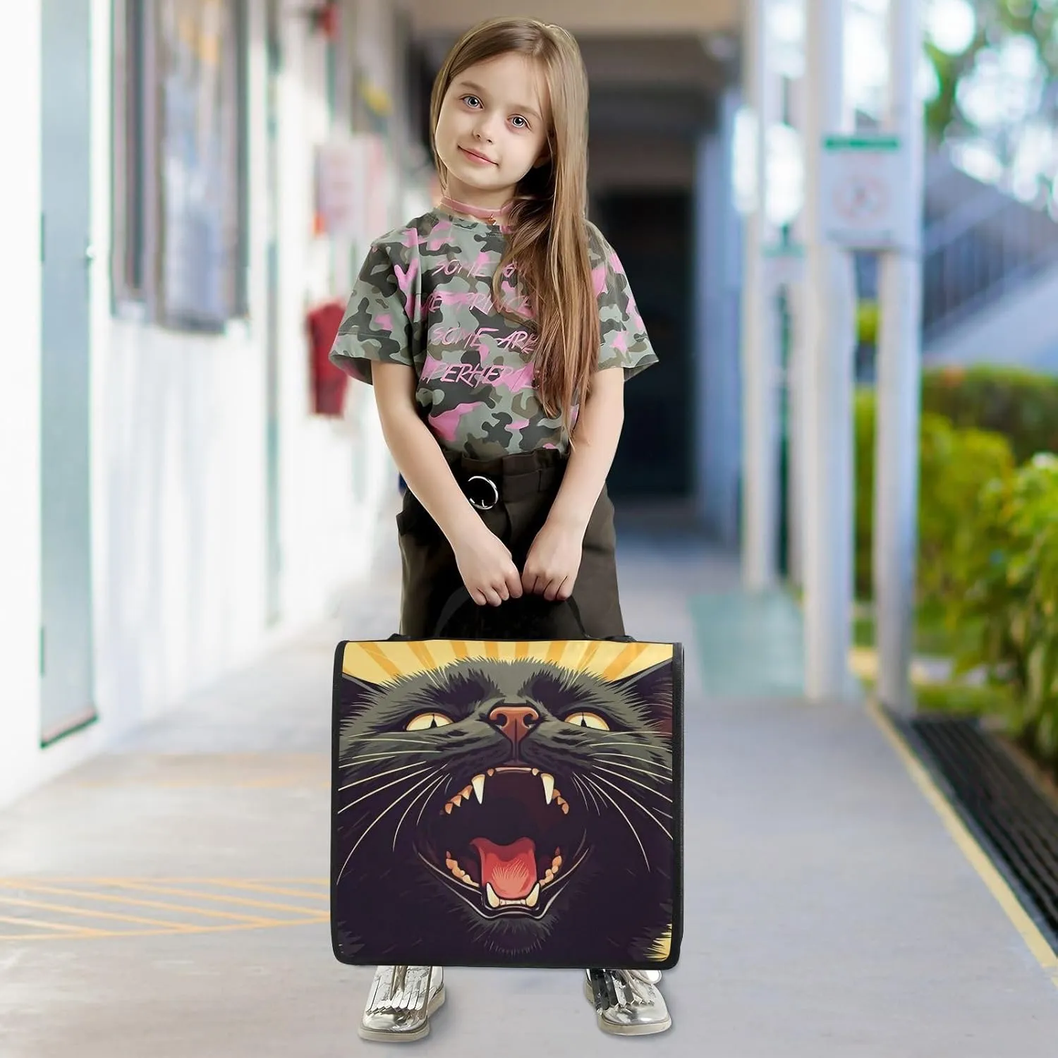 VKPSCHJ Zippered Binder Bag with Multi-Pocket,Waterproof 1.5 Inch 3 Ring Binder,Pop Art Artistic Angry Black Cat Expanding File Folder with Shoulder Strap and Handle File Organizer for Office Travel