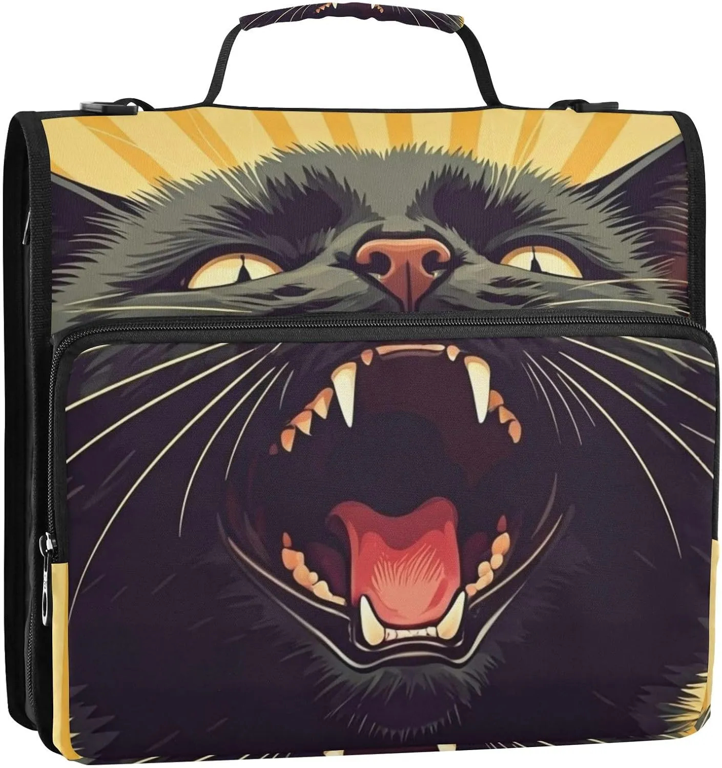 VKPSCHJ Zippered Binder Bag with Multi-Pocket,Waterproof 1.5 Inch 3 Ring Binder,Pop Art Artistic Angry Black Cat Expanding File Folder with Shoulder Strap and Handle File Organizer for Office Travel
