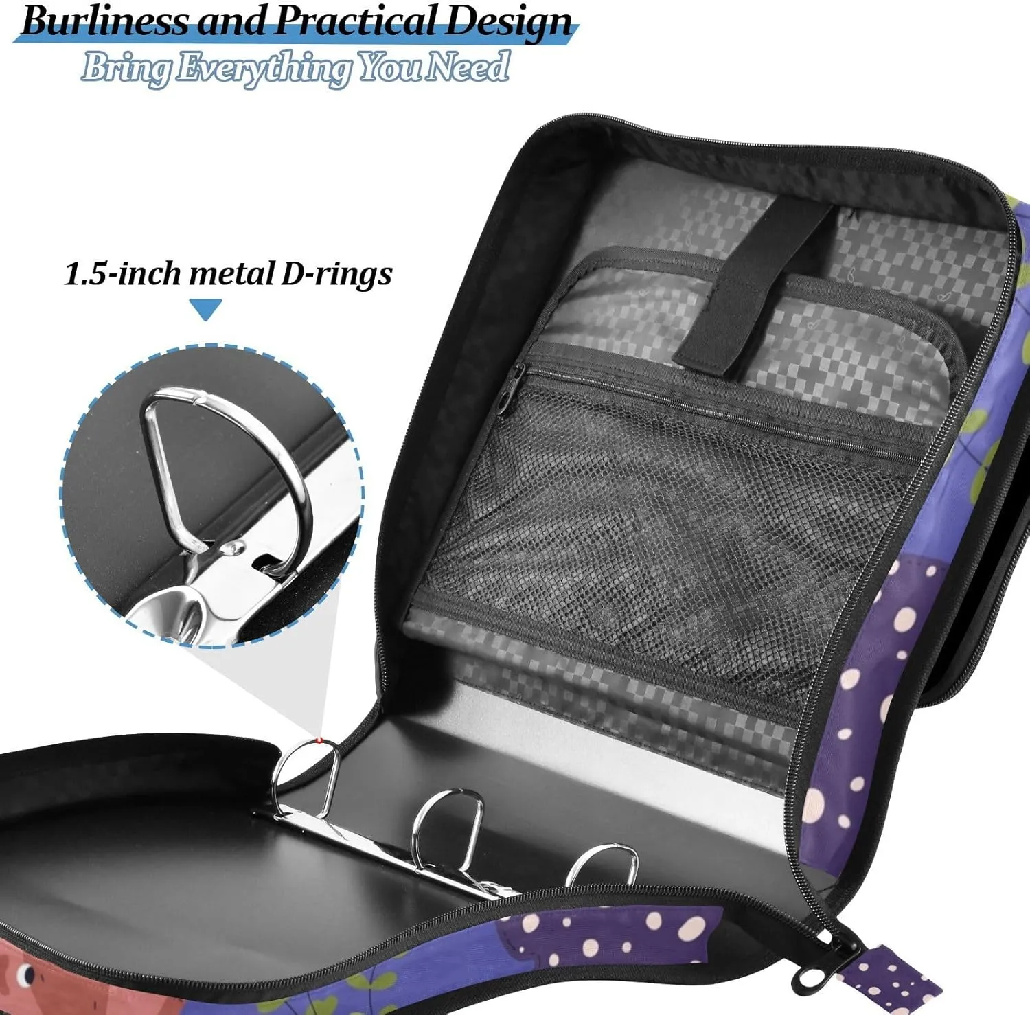 VKPSCHJ Zippered Binder Bag with Multi-Pocket,Waterproof 1.5 Inch 3 Ring Binder,Stingrays Fishes Expanding File Folder with Shoulder Strap and Handle File Organizer for Office Travel