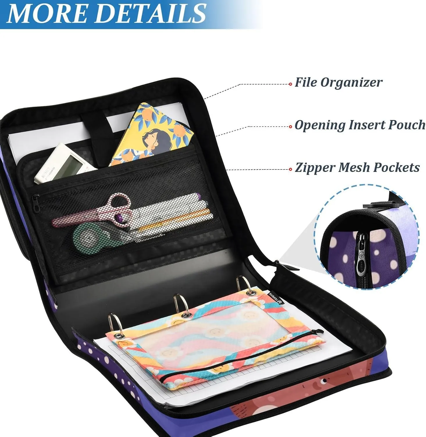 VKPSCHJ Zippered Binder Bag with Multi-Pocket,Waterproof 1.5 Inch 3 Ring Binder,Stingrays Fishes Expanding File Folder with Shoulder Strap and Handle File Organizer for Office Travel
