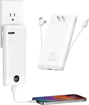 VRURC Portable Charger 10000mAh, Slim Portable Charger with Wall Plug, 22.5W USB Port Fast Charging Power Bank with Cables, 4 Outputs 2 Inputs Travel Essentials Battery for Smartphones-White (1 Pack)