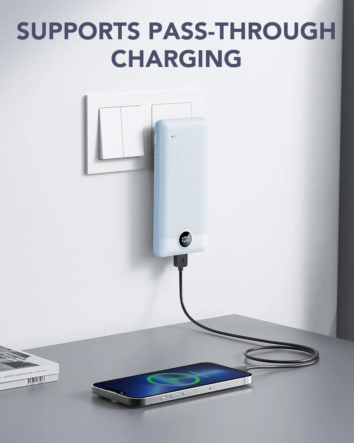 VRURC Portable Charger Built-in Cables and AC Wall Plug, USB C Power Bank 10000mAh, Travel Essentials Phone Charger Compact Lightweight External Battery Pack for Smart Phones, Tablets etc-Blue