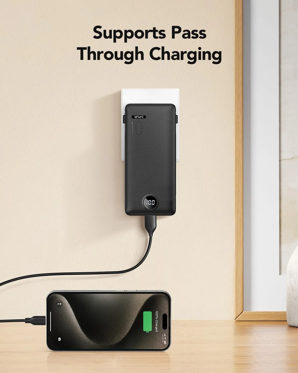 VRURC Portable Charger Built-in Cables and AC Wall Plug, USB C Power Bank 10000mAh, Travel Essentials Phone Charger Compact Lightweight External Battery Pack for Smart Phones, Tablets-Pure Black