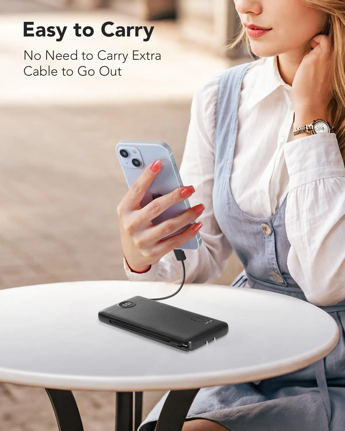VRURC Portable Charger Built-in Cables and AC Wall Plug, USB C Power Bank 10000mAh, Travel Essentials Phone Charger Compact Lightweight External Battery Pack for Smart Phones, Tablets-Pure Black