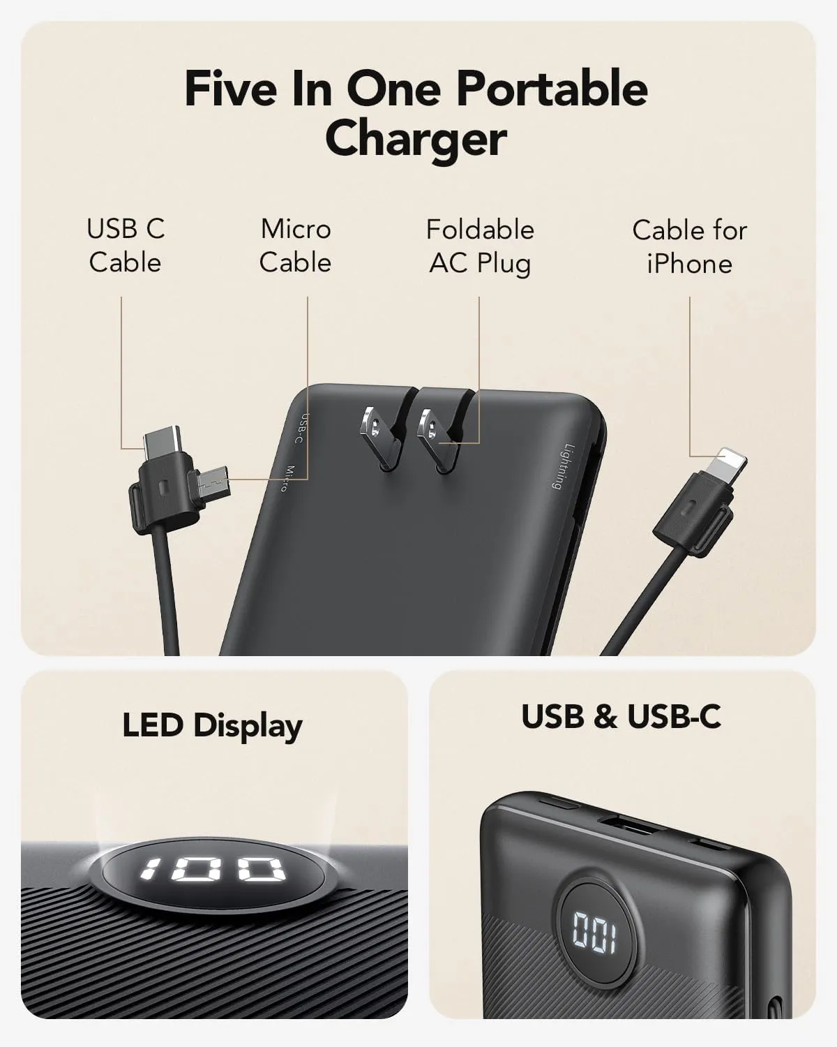 VRURC Portable Charger Built-in Cables and AC Wall Plug, USB C Power Bank 10000mAh, Travel Essentials Phone Charger Compact Lightweight External Battery Pack for Smart Phones, Tablets-Pure Black