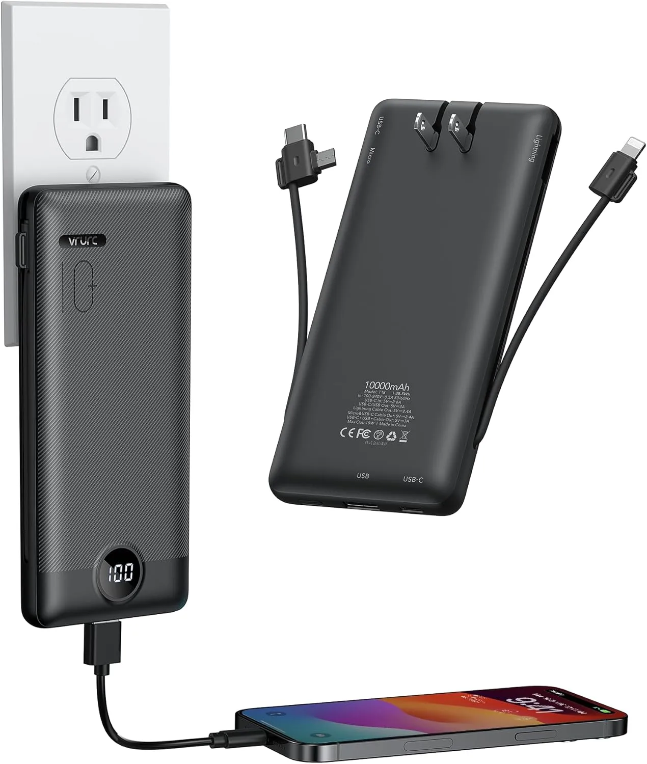 VRURC Portable Charger with Wall Plug, 10000mAh Slim Portable Charger Built in Cables,PD 20W Fast Charging Power Bank with Cords,USB C Portable Phone Charger Travel Accessories -Black(1 Pack)