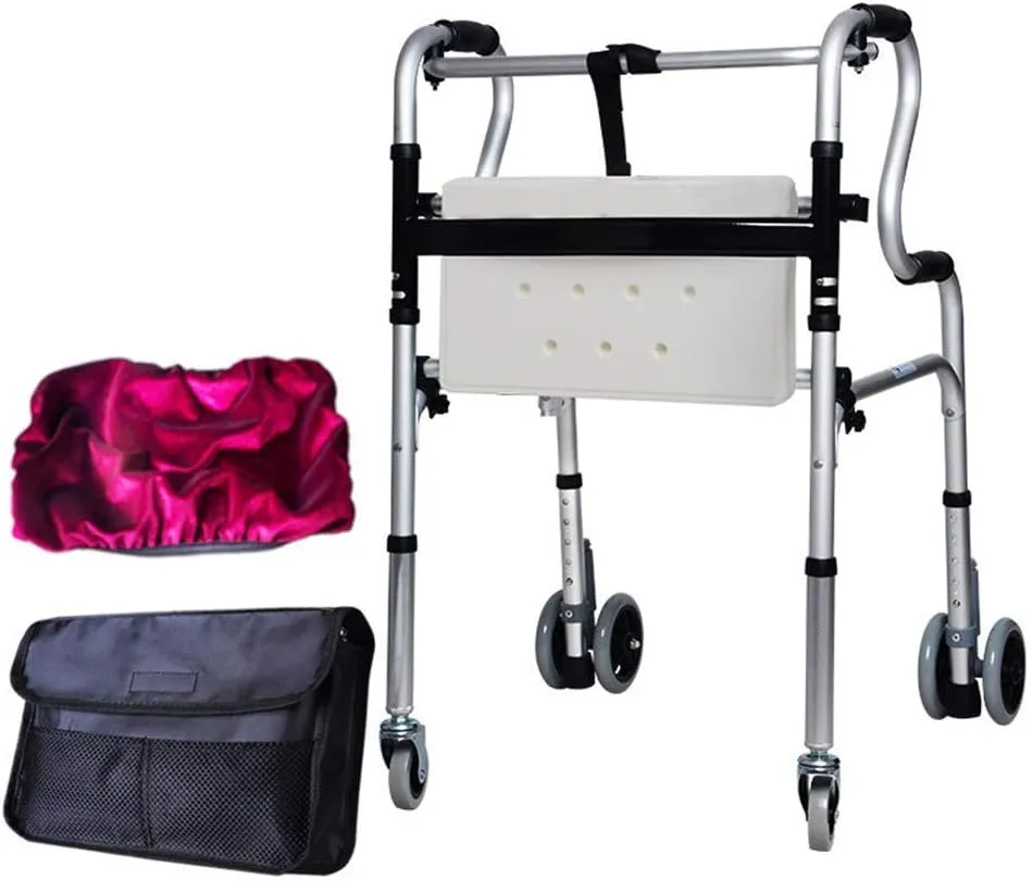 Walking Aid Medical Instruments Lightweight Folding Disabled Rehabilitation Wheeled Seat 6 Rounds of Height Adjustable Adult Elderly Disabled (with Storage Bag   Seat Cover)