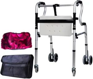 Walking Aid Medical Instruments Lightweight Folding Disabled Rehabilitation Wheeled Seat 6 Rounds of Height Adjustable Adult Elderly Disabled (with Storage Bag   Seat Cover)