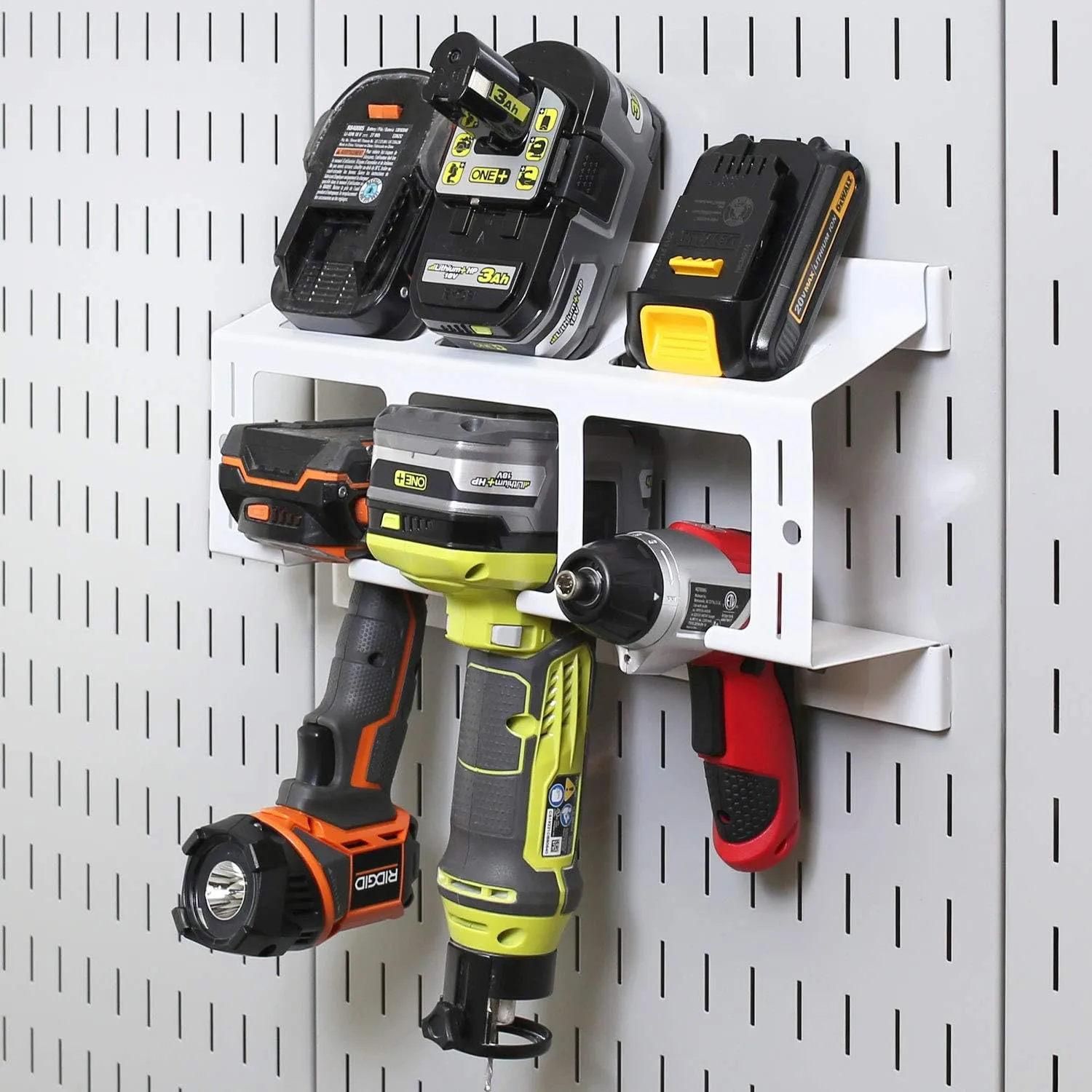 Wall Control Drill Holder Power Tool Storage Rack - Compact Impact Drill Battery Power Tool Pegboard Organizer Pegboard (White)