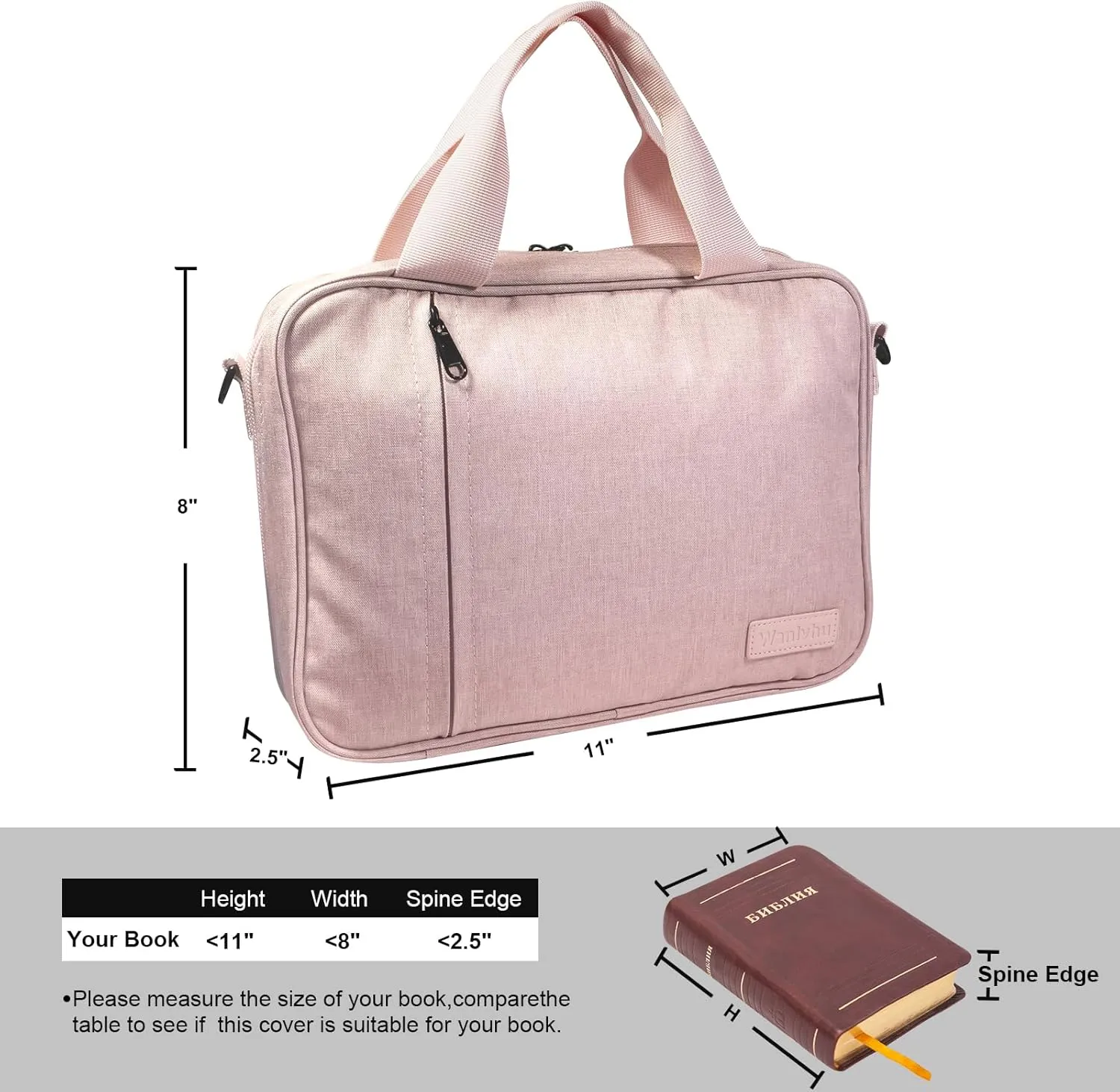 Wanlvhu Bible Cover for Men Women, Zippered Bible Carrying Case Bible Protective Bag with Handle and Adjustable Shoulder Strap, Bible Bag for Adult Kids (Pink)