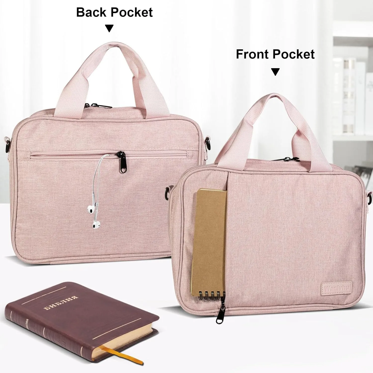 Wanlvhu Bible Cover for Men Women, Zippered Bible Carrying Case Bible Protective Bag with Handle and Adjustable Shoulder Strap, Bible Bag for Adult Kids (Pink)