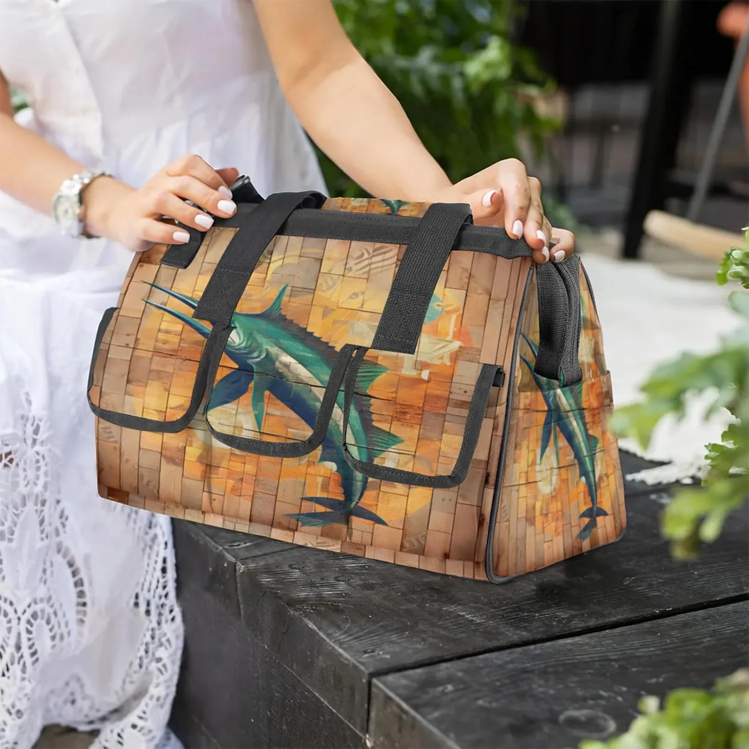 Water Swordfish Wall Tool Bag Wide Mouth 14.8" Portable Tools Tote 14 Pockets Waterproof Heavy Duty Tool Organizer Adjustable Shoulder Strap for Men Women Garden Tools