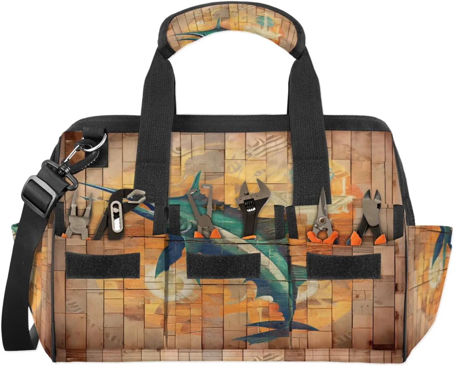 Water Swordfish Wall Tool Bag Wide Mouth 14.8" Portable Tools Tote 14 Pockets Waterproof Heavy Duty Tool Organizer Adjustable Shoulder Strap for Men Women Garden Tools