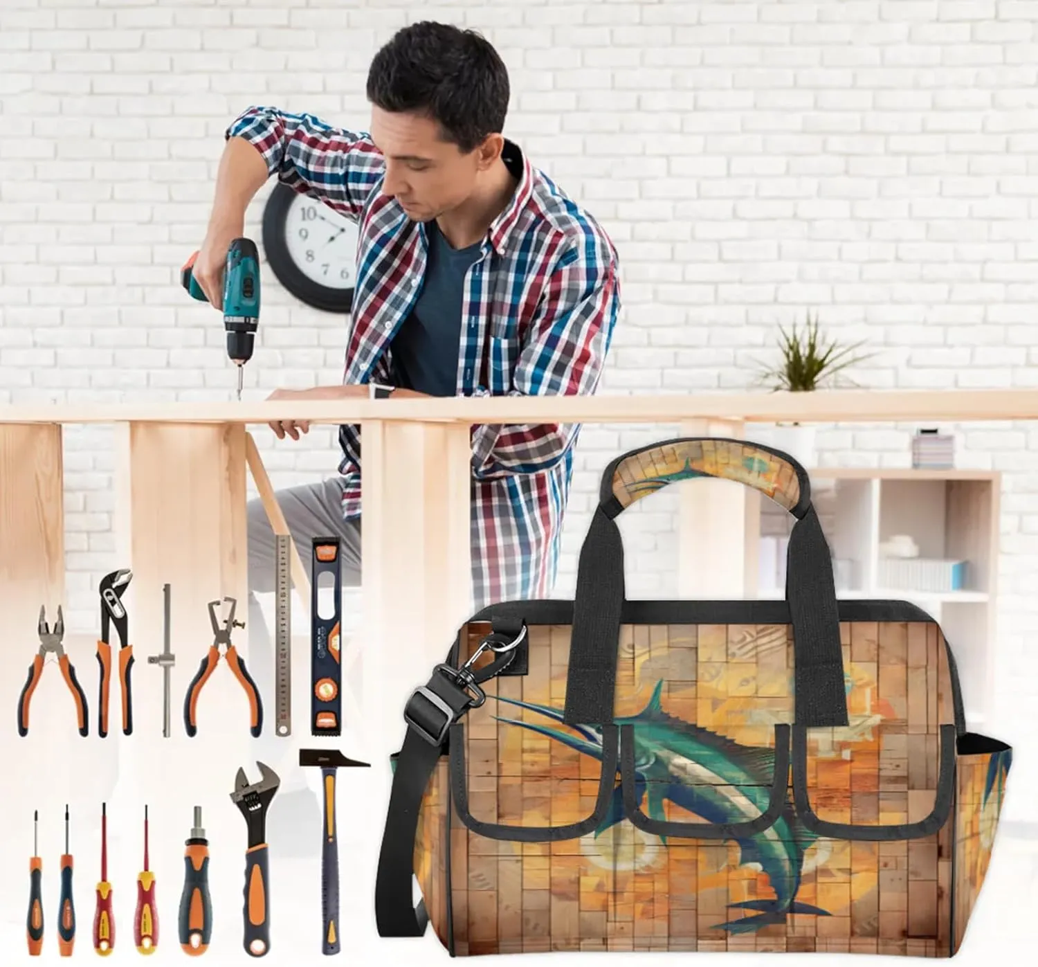 Water Swordfish Wall Tool Bag Wide Mouth 14.8" Portable Tools Tote 14 Pockets Waterproof Heavy Duty Tool Organizer Adjustable Shoulder Strap for Men Women Garden Tools