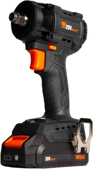 WEN 20V Max Brushless Cordless Compact 1/2-Inch Impact Wrench with SmartStop, 2.0 Ah Lithium-Ion Battery and Charger (20108)