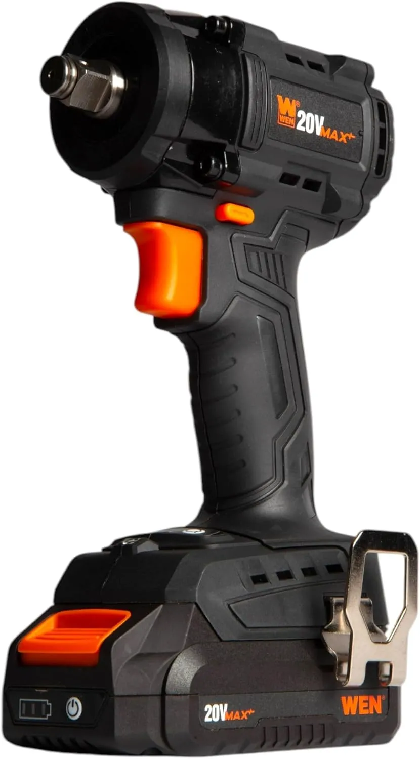 WEN 20V Max Brushless Cordless Compact 1/2-Inch Impact Wrench with SmartStop, 2.0 Ah Lithium-Ion Battery and Charger (20108)