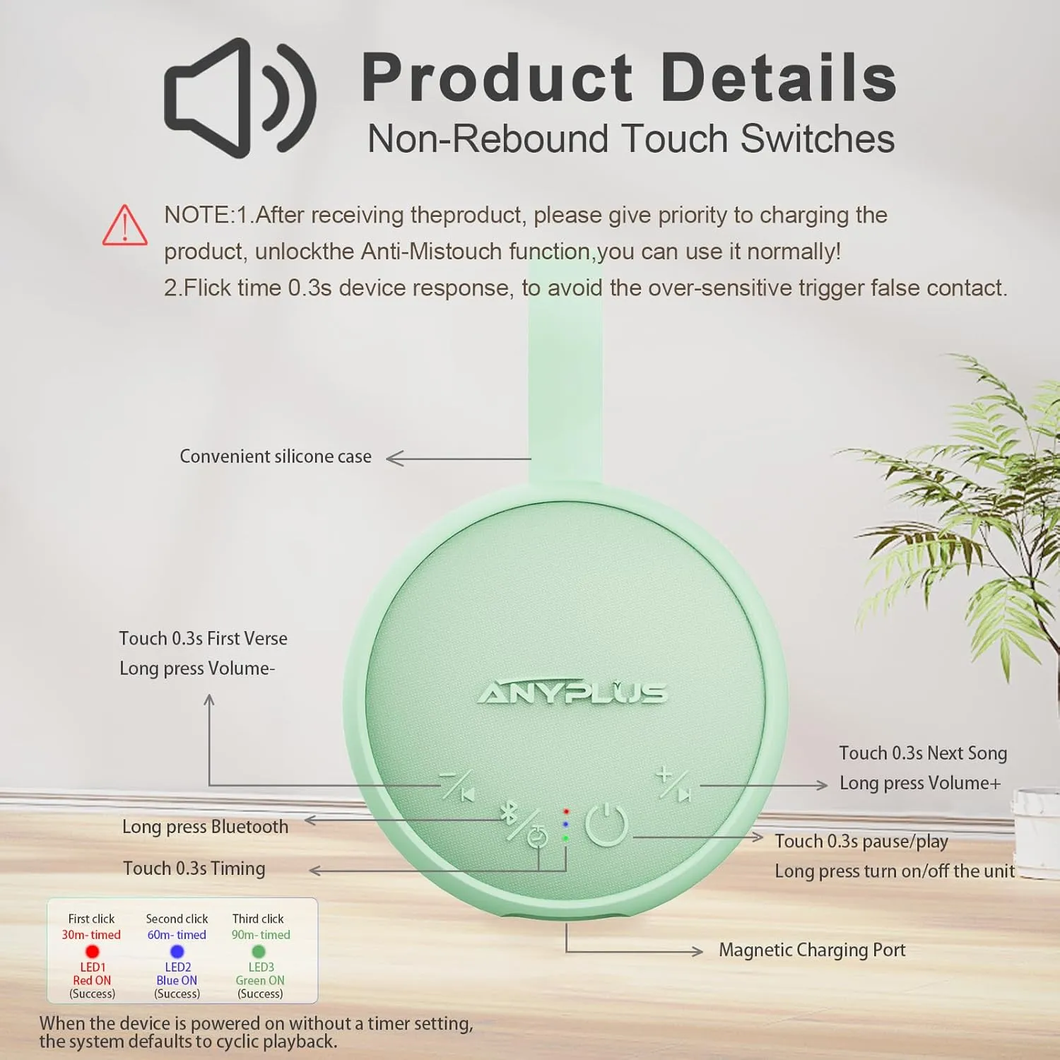White Noise Sound Machine, Portable Sound Machine for Sleeping Adults & Baby, with Bluetooth 5.1/24 Soothing Sounds/Battery Powered/3 Timer Memory Function for Office/Bedroom/Travel（Green）