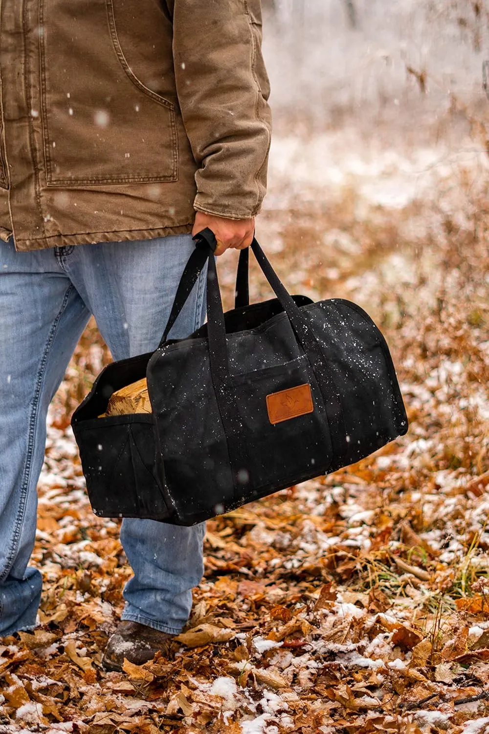 WHITEDUCK TUFF Large Firewood Carrier 21 Oz. Heavy Duty Waxed Canvas Log Carrier Holder for Fireplace, Carrying Wood Indoor & Outdoor (Tan, Tote Shape (23"x10"x12"))