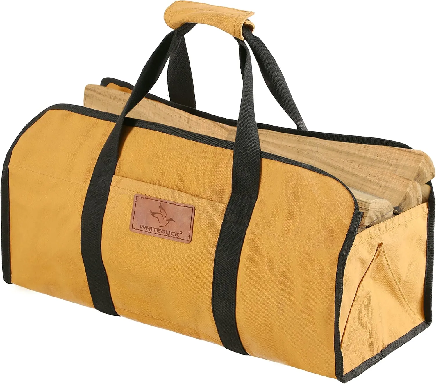 WHITEDUCK TUFF Large Firewood Carrier 21 Oz. Heavy Duty Waxed Canvas Log Carrier Holder for Fireplace, Carrying Wood Indoor & Outdoor (Tan, Tote Shape (23"x10"x12"))