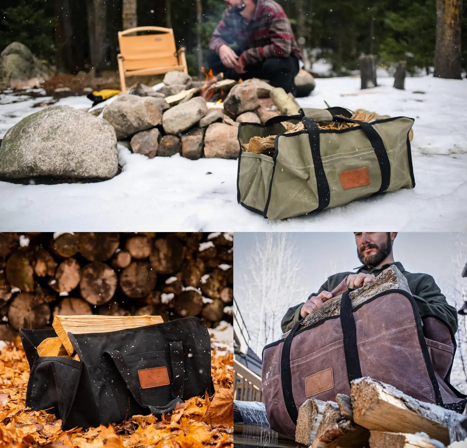 WHITEDUCK TUFF Large Firewood Carrier 21 Oz. Heavy Duty Waxed Canvas Log Carrier Holder for Fireplace, Carrying Wood Indoor & Outdoor (Tan, Tote Shape (23"x10"x12"))