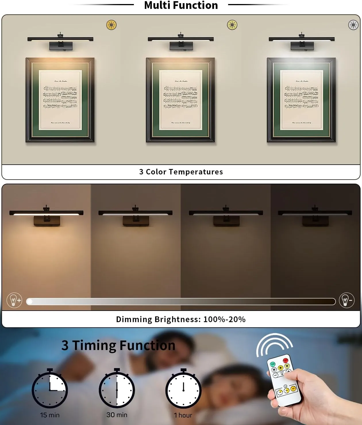 Wireless Picture Light - Battery Powered with Remote and Timer, 15.75in Gallery Lights Black, Rechargeable Art Light with Adjustable LED Display Lighting - 3CCT