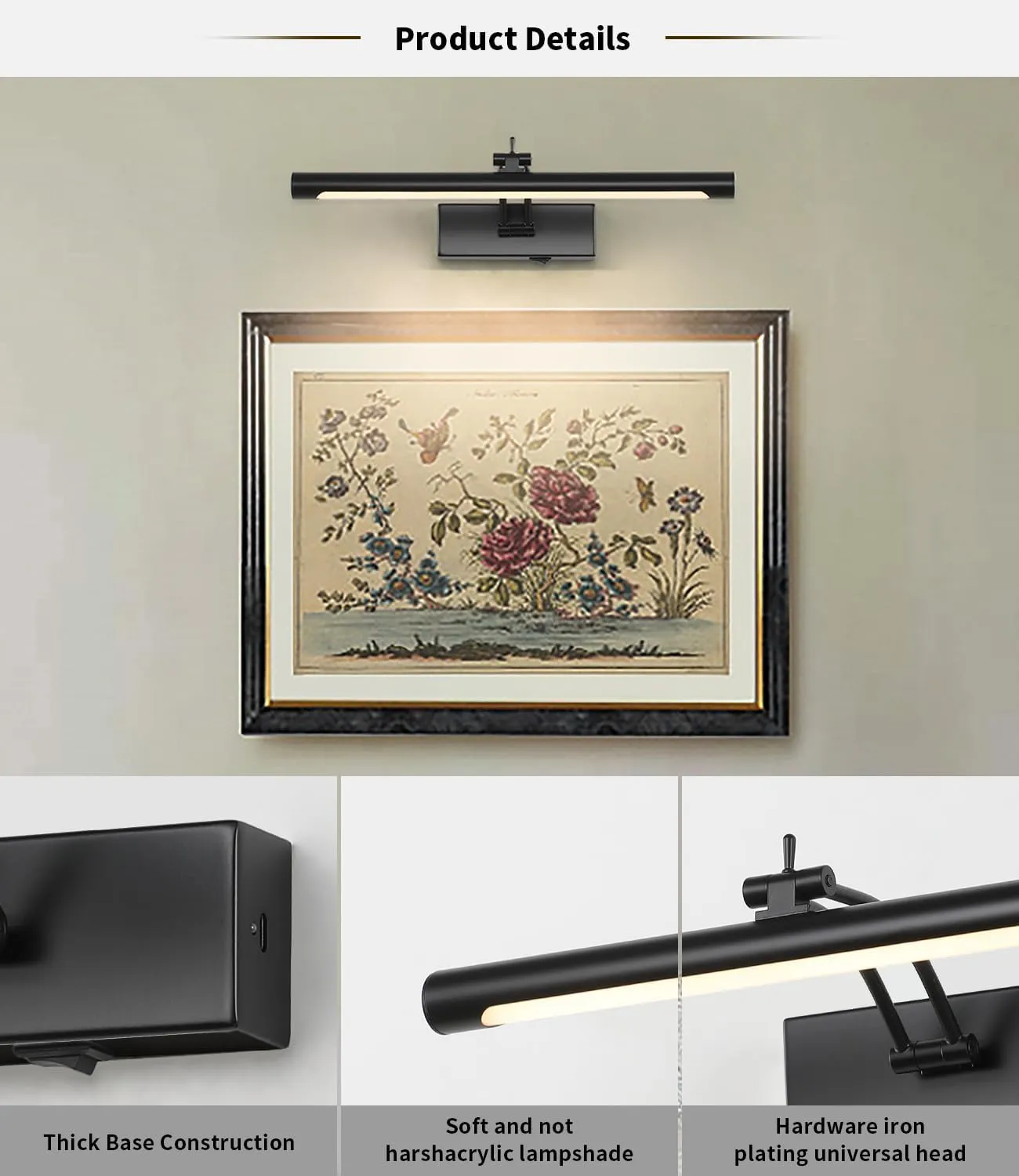 Wireless Picture Light - Battery Powered with Remote and Timer, 15.75in Gallery Lights Black, Rechargeable Art Light with Adjustable LED Display Lighting - 3CCT