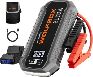 WOLFBOX 2000A Jump Starter,12000mAh Battery Jumper Starter Portable with LED Display, 30W Quick Charge,12V Car Battery Jump Starter Pack(7L Gas 6L Diesel Engine) with Booster,LED Light,Jumper Cables