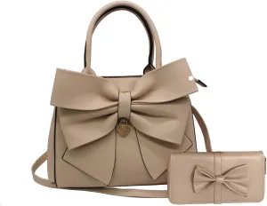 Women Big Bow-Knot Handbag 2 Pcs Set Leather Tote Top Handle Bag Clutch Wallet