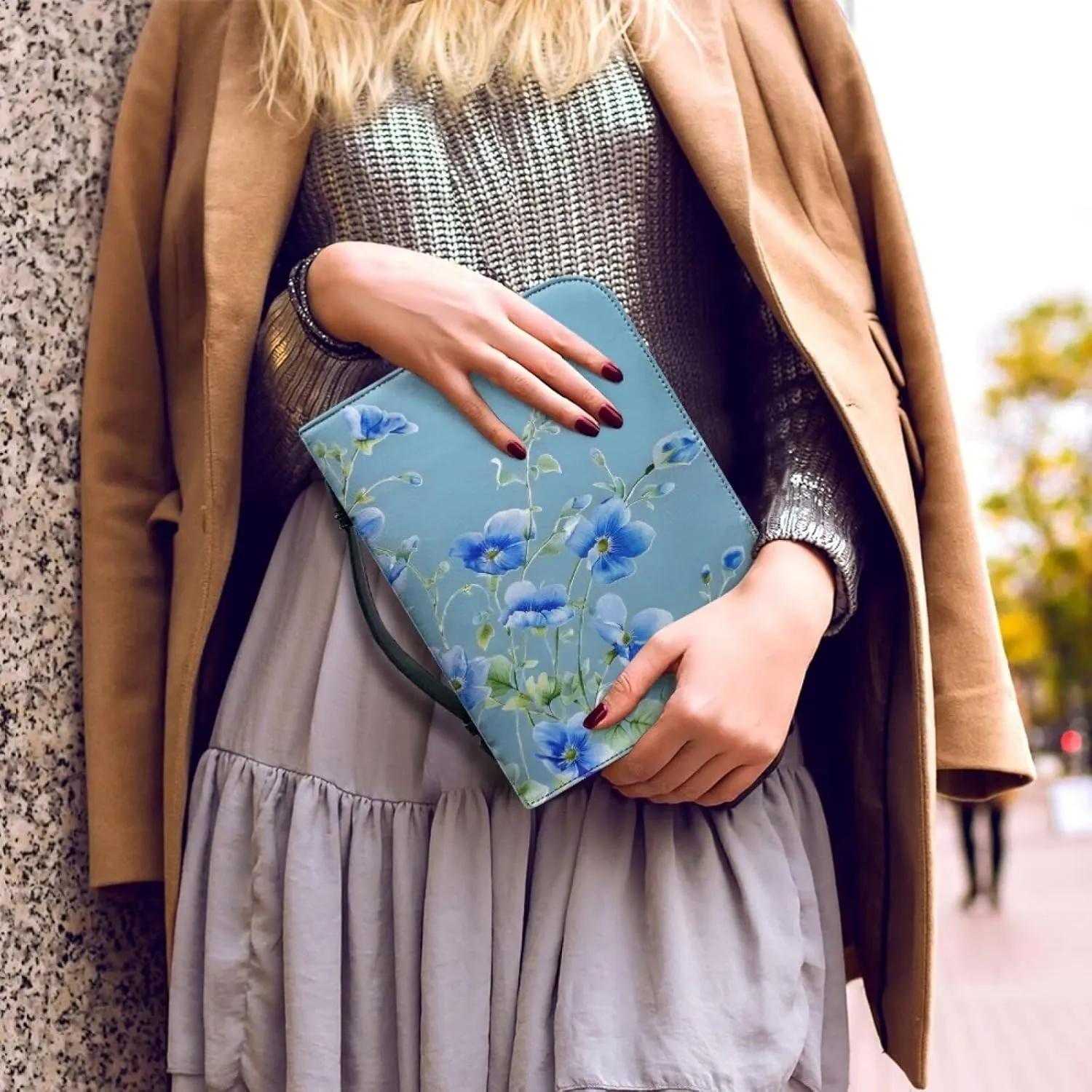 Women Girls Bible Carrying Book Case Church Bag with Bookmark Protective with Handle, Zipper and Pockets for Standard Size Bible,Blue Floral,2XL
