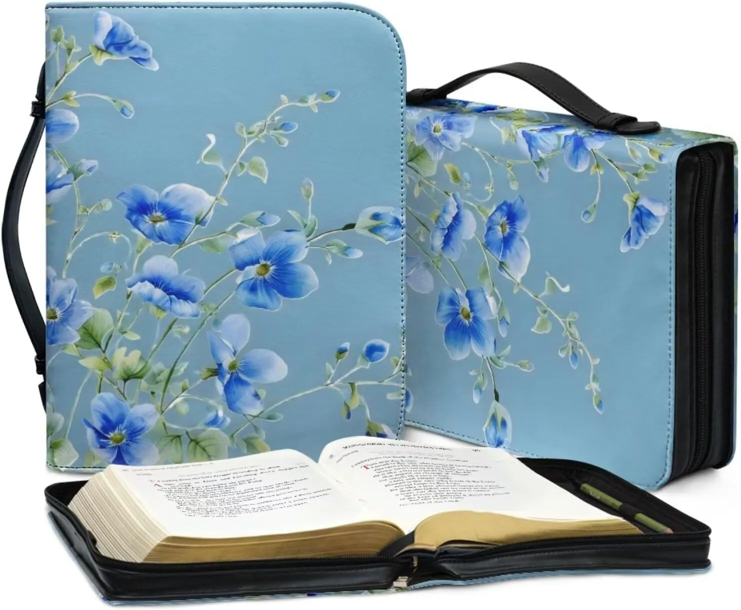 Women Girls Bible Carrying Book Case Church Bag with Bookmark Protective with Handle, Zipper and Pockets for Standard Size Bible,Blue Floral,2XL