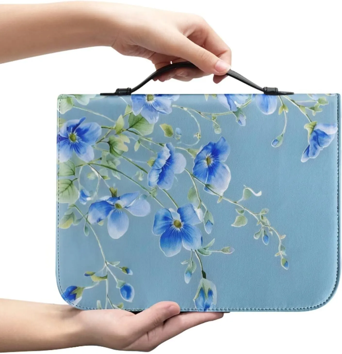 Women Girls Bible Carrying Book Case Church Bag with Bookmark Protective with Handle, Zipper and Pockets for Standard Size Bible,Blue Floral,2XL