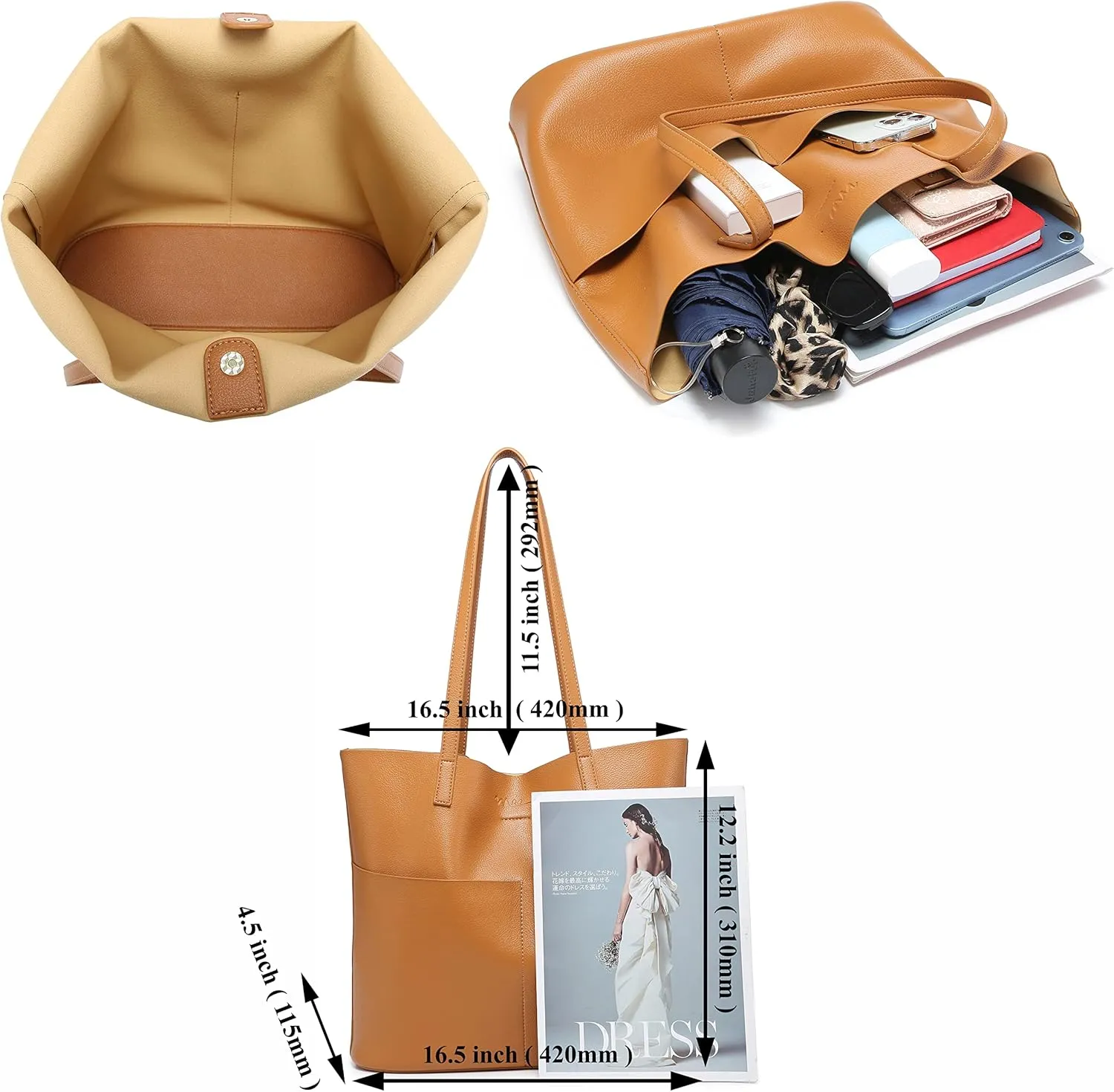 Women's Leather Tote Bag with Extra Front Pockets - Stylish, Lightweight, and Perfect for Work, Travel, and Daily Use