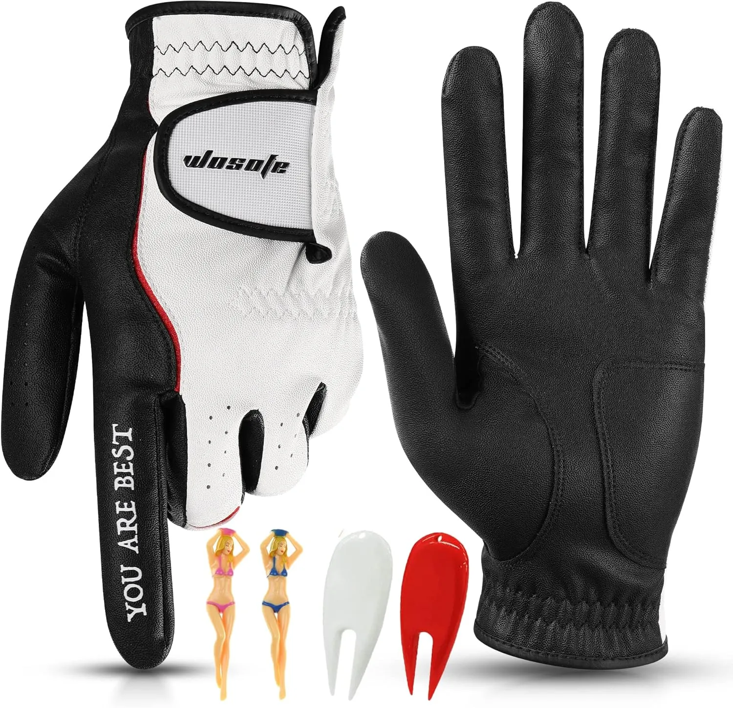 wosofe Men’s Golf Glove Left Hand Premium Leather Excellent Grip Super Soft Breathable Durable Fit All Weather with Golf Tee and Divot Repair Tool