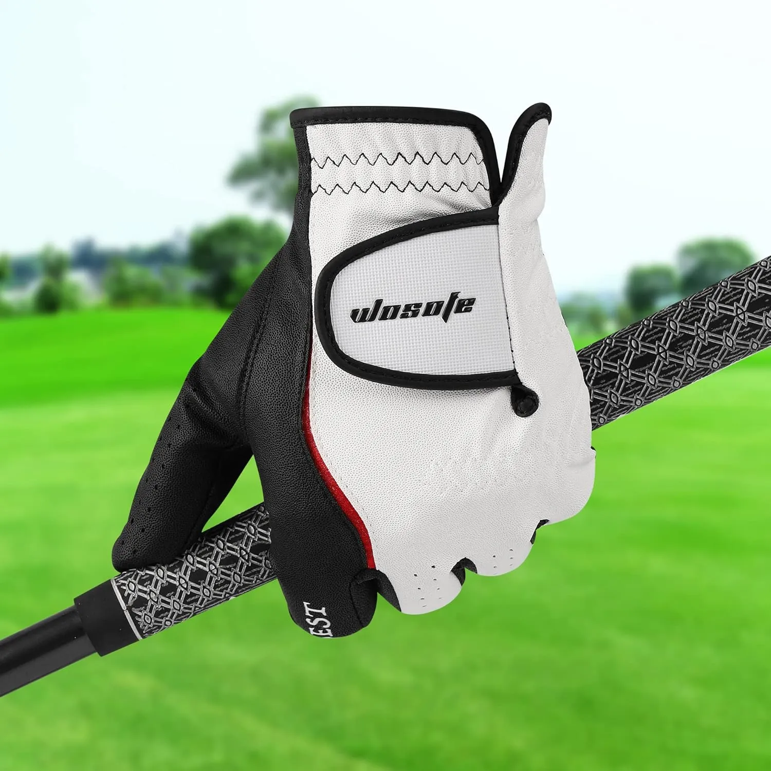 wosofe Men’s Golf Glove Left Hand Premium Leather Excellent Grip Super Soft Breathable Durable Fit All Weather with Golf Tee and Divot Repair Tool