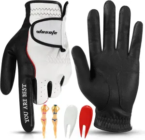 wosofe Men’s Golf Glove Left Hand Premium Leather Excellent Grip Super Soft Breathable Durable Fit All Weather with Golf Tee and Divot Repair Tool