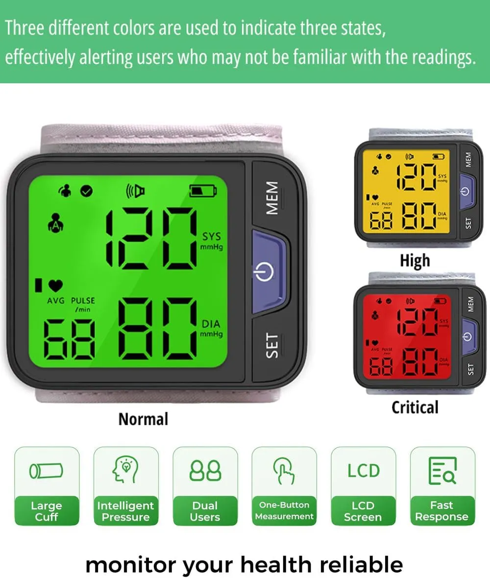Wrist Blood Pressure Monitors with Carrying Bag for Home Use Adjustable Wrist Cuff Digital BP Machine Voice Broadcast Memory Function