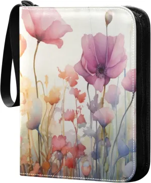 xigua Colorful Herbal Wildflower Card Binder 4-Pockets, Trading Card Binder 400 Pockets Baseball Card Binder Waterproof PU Leather Card Collection Binder for Games Card Album Card