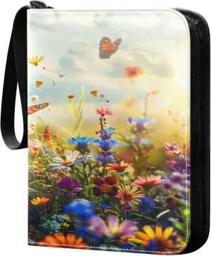 xigua Colorful Herbal Wildflower Card Binder 4-Pockets, Trading Card Binder 400 Pockets Baseball Card Binder Waterproof PU Leather Card Collection Binder for Games Card Album Card
