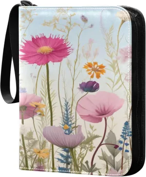 xigua Colorful Herbal Wildflower Card Binder 4-Pockets, Trading Card Binder 400 Pockets Baseball Card Binder Waterproof PU Leather Card Collection Binder for Games Card Album Card