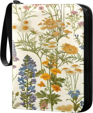 xigua Colorful Herbal Wildflower Card Binder 4-Pockets, Trading Card Binder 400 Pockets Baseball Card Binder Waterproof PU Leather Card Collection Binder for Games Card Album Card