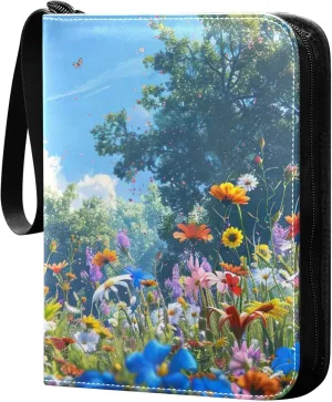xigua Colorful Herbal Wildflower Card Binder 4-Pockets, Trading Card Binder 400 Pockets Baseball Card Binder Waterproof PU Leather Card Collection Binder for Games Card Album Card
