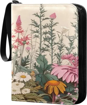 xigua Colorful Herbal Wildflower Card Binder 4-Pockets, Trading Card Binder 400 Pockets Baseball Card Binder Waterproof PU Leather Card Collection Binder for Games Card Album Card